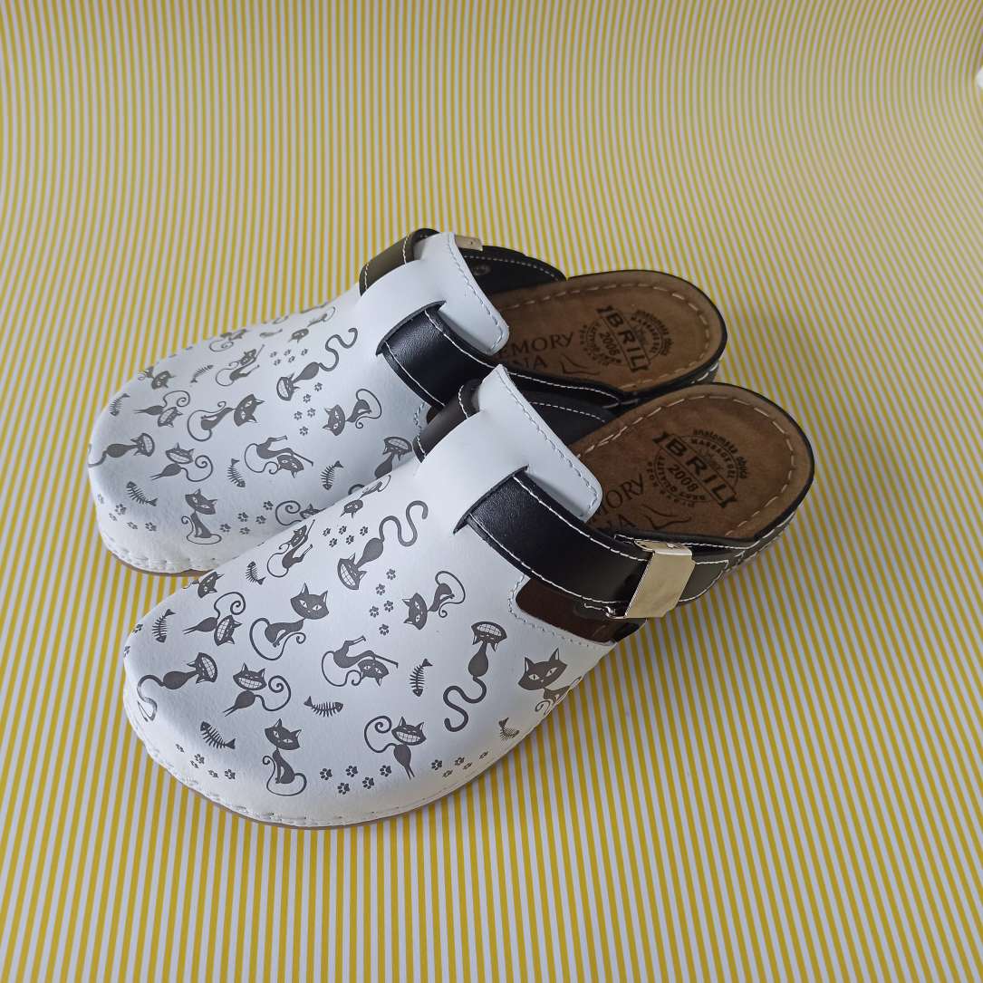 Bril modna klompa maca bijelo crna, prirodna koža