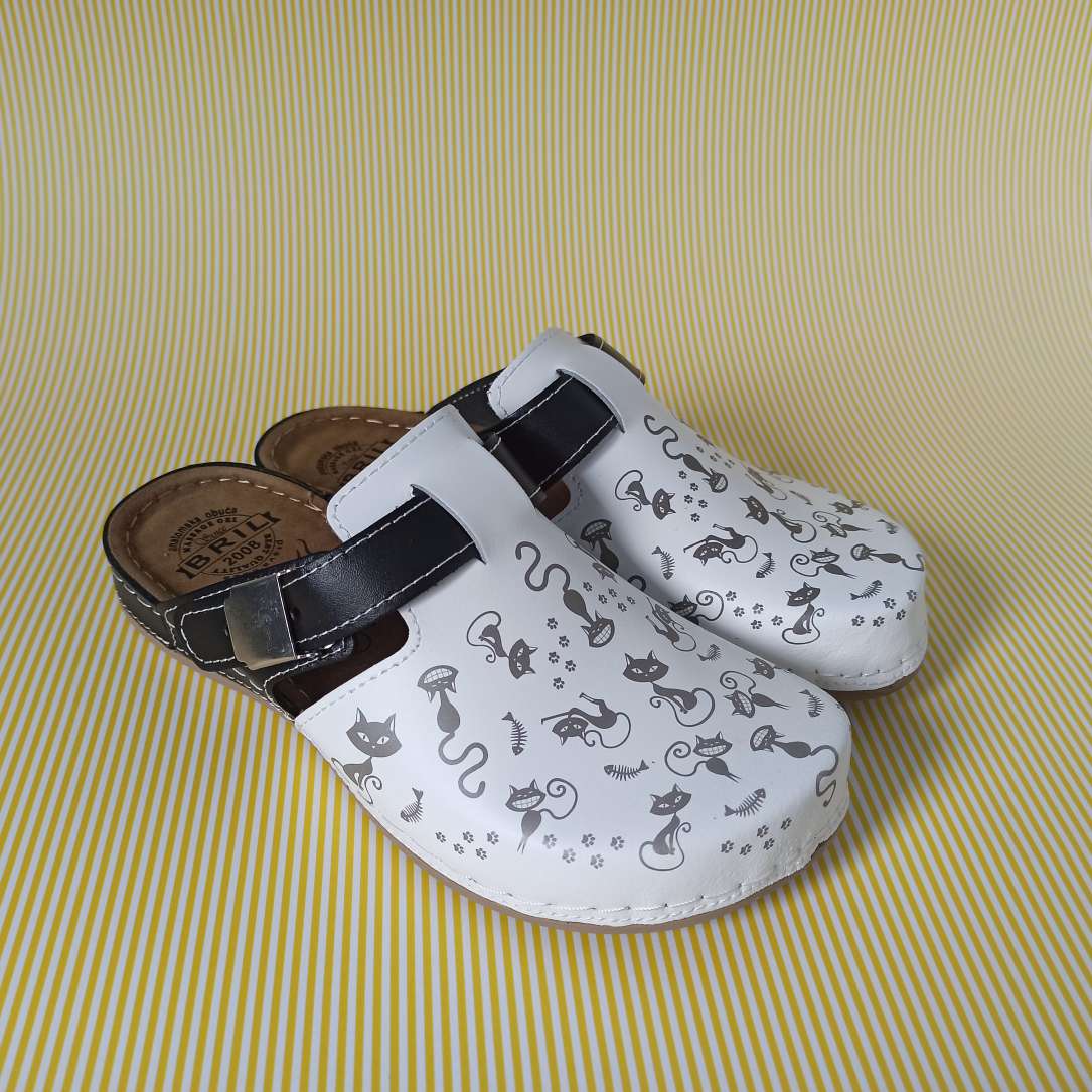 Bril modna klompa maca bijelo crna, prirodna koža