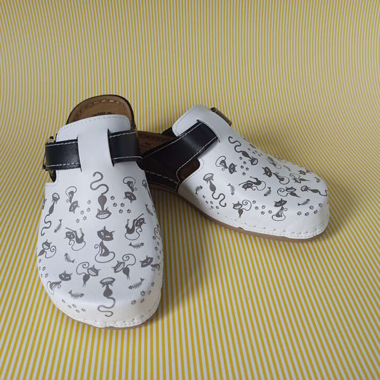 Bril modna klompa maca bijelo crna, prirodna koža