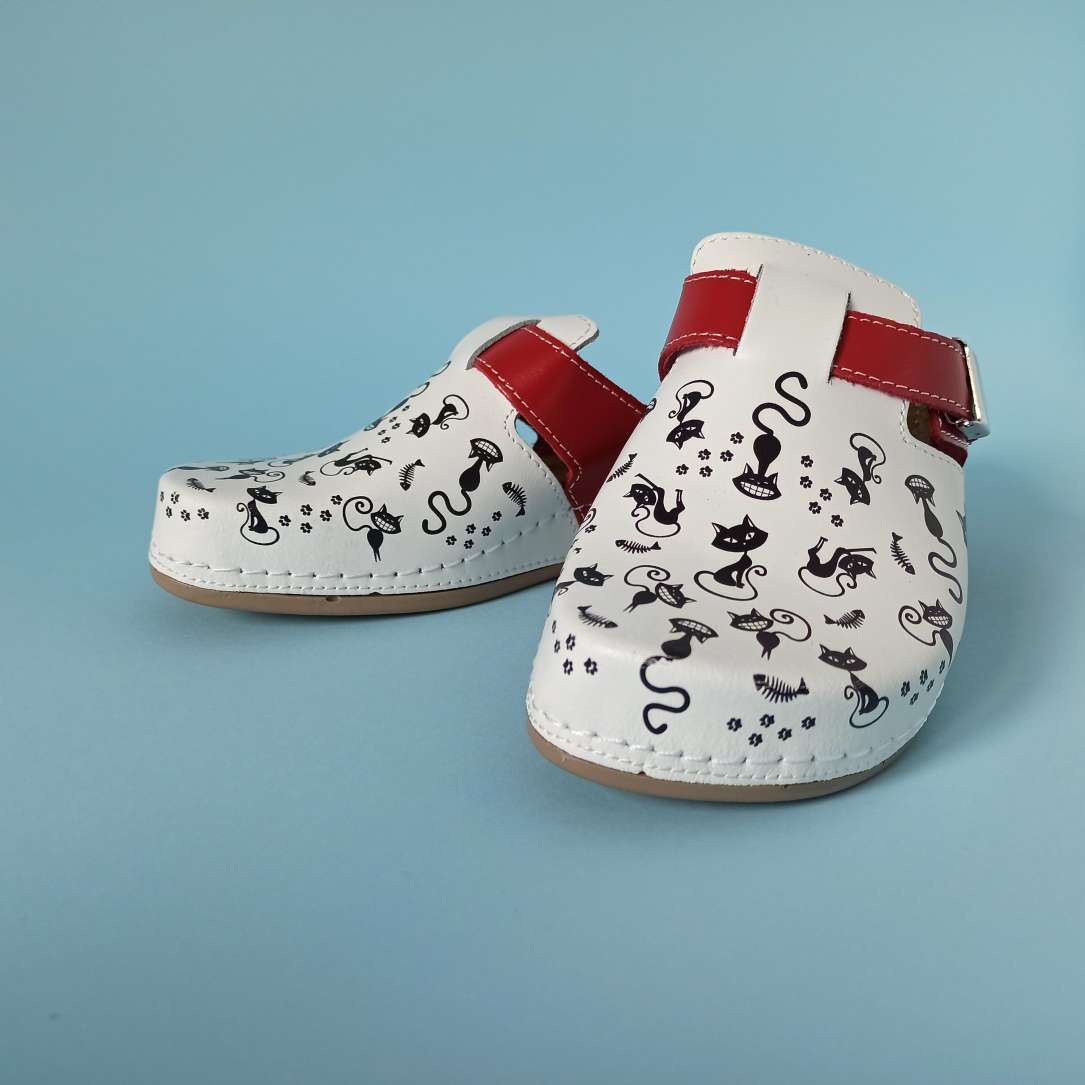 Bril fashion clog cat white red, genuine leather