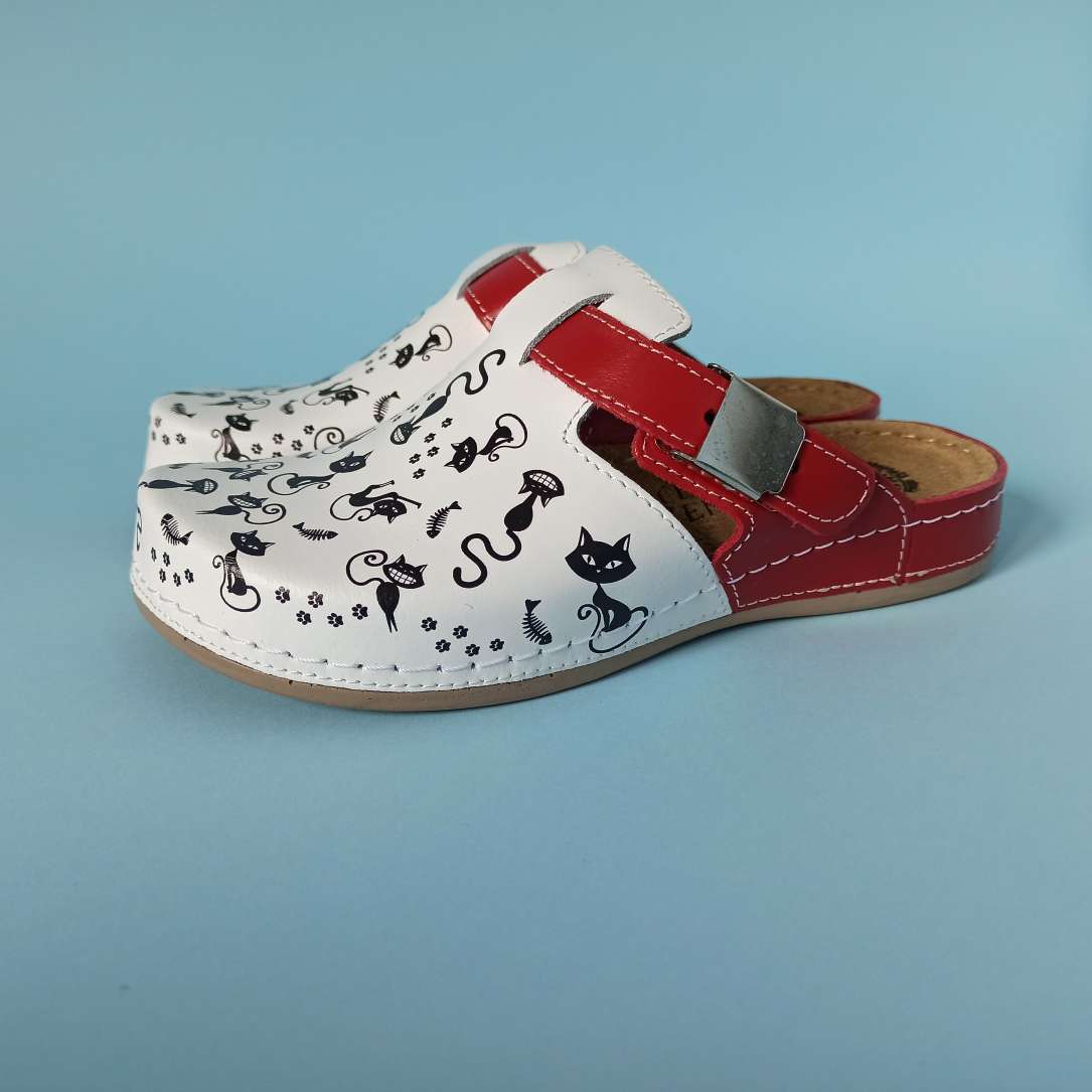 Bril fashion clog cat white red, genuine leather