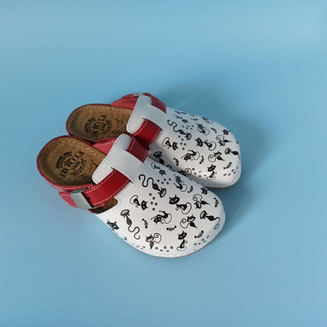 Bril fashion clog cat white red, genuine leather