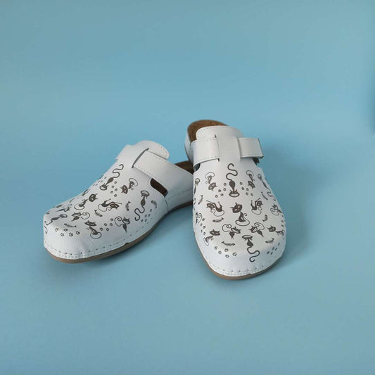 Bril modna klompa maca bijela, prirodna koža